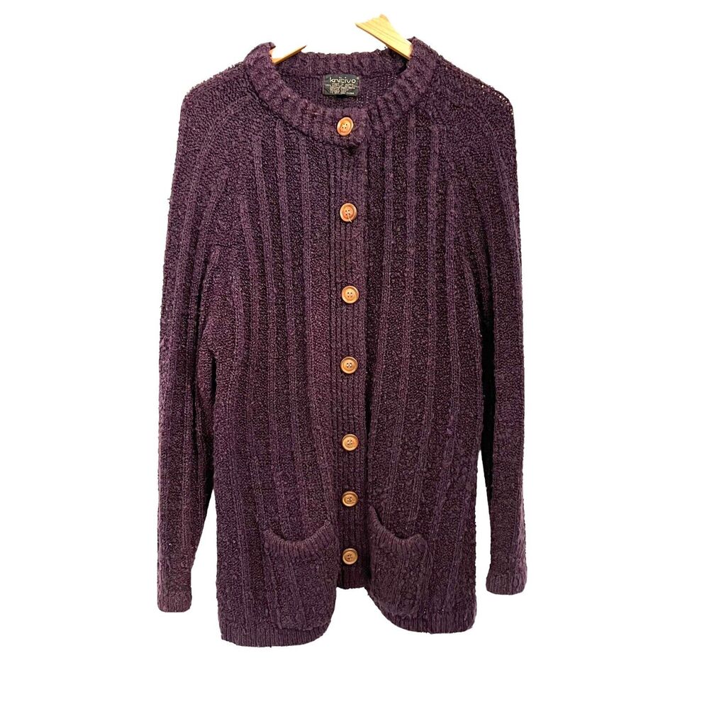 Knitivo VTG Cardigan Sweater Wooden Buttons Plum Vintage 1980s Made In Korea